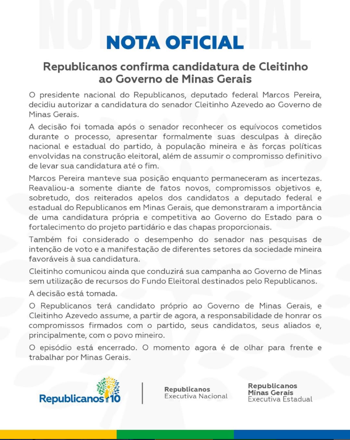 tvdnewsoficial's tweet photo. AGORA: @cleitinhotmj confirmado pelo republicanos como candidato ao governo do estado de Minas Gerais. https://t.co/hoT4eshKmZ