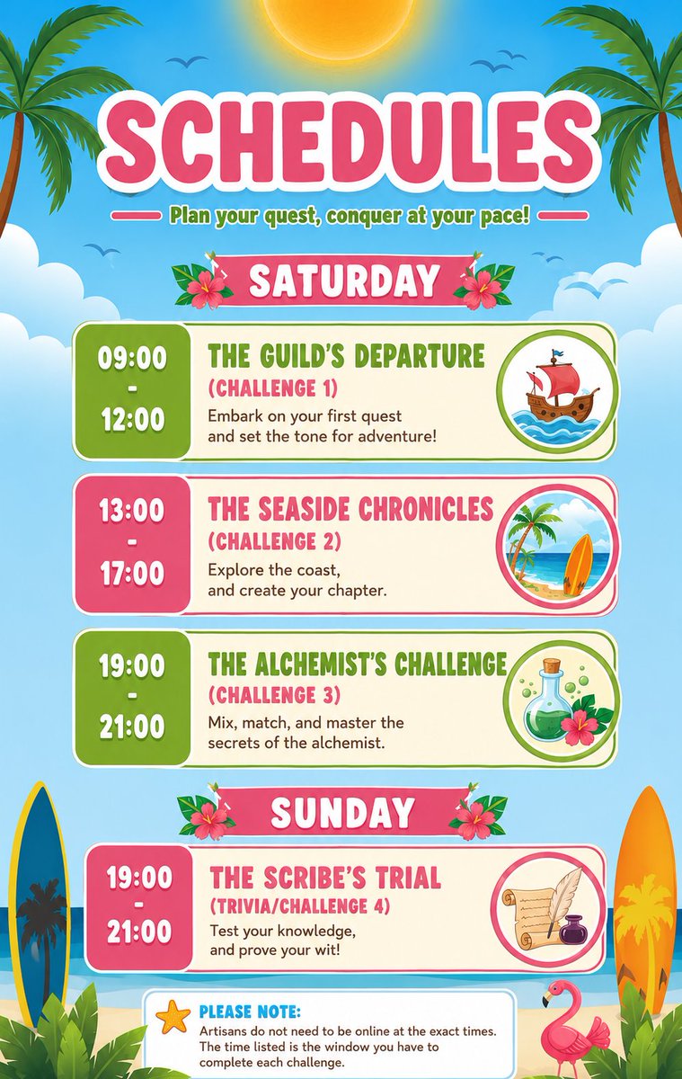 TheSolaceBar's tweet photo. 🦉 Dear Solace artisans,

Over the weekend, we've got a few fun little challenges waiting for you, from seaside adventures to alchemy and trivia.

Pack light. Leave the stress behind. See you by the sea! https://t.co/rjFonsk6OB
