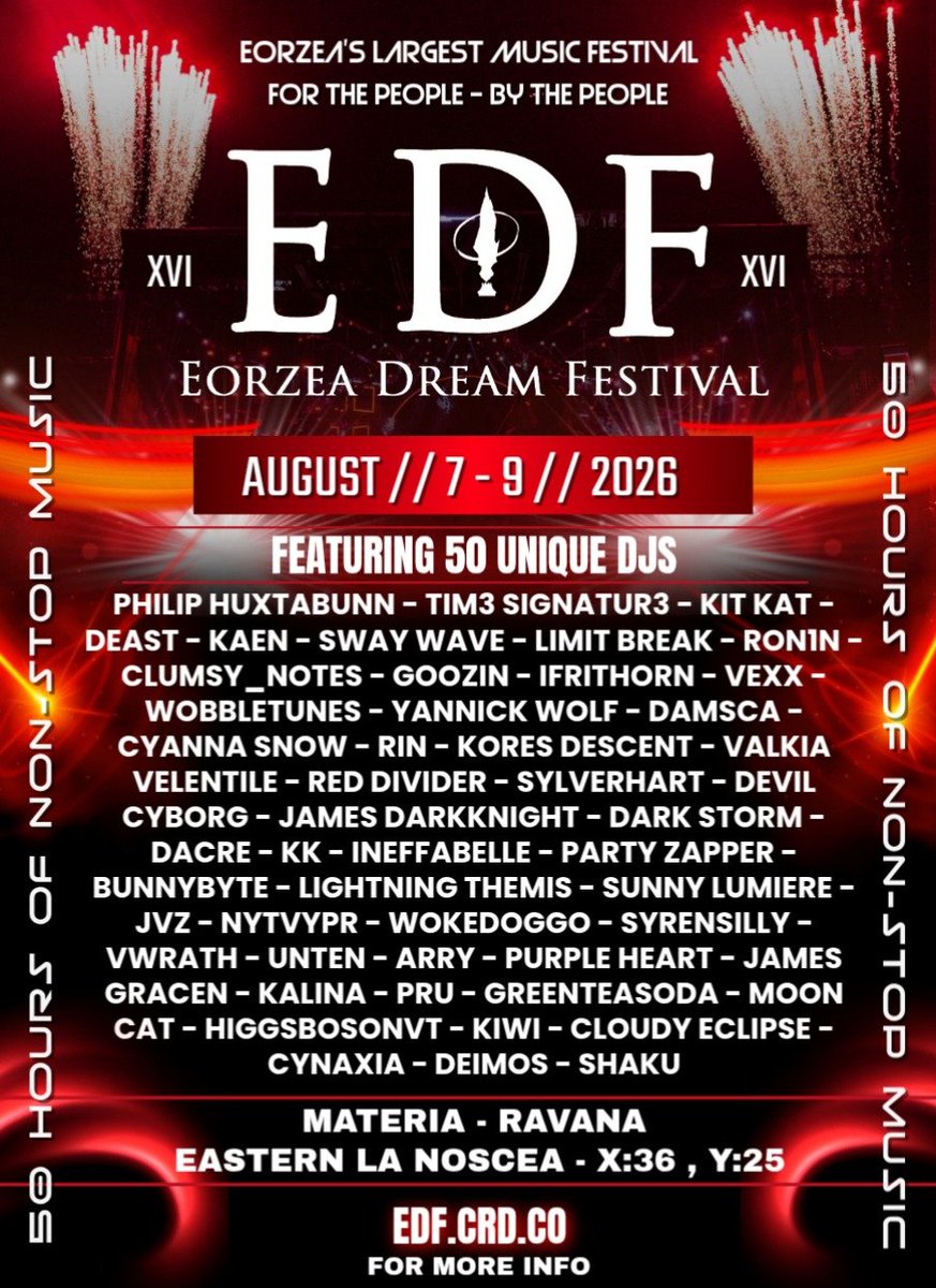 djay_kk's tweet photo. This weekend is EDF, Eorzea Dream Festival! 3 days, 50 DJs, and I'll be smack in the middle. I'll be streaming LIVE Saturday Aug 8 from 6p-7p et. Come on down and check it out! Materia / Ravana / Eastern La Noscea / x36, y25  https://t.co/tVcrLQKNLn https://t.co/ZGPs2v6f85