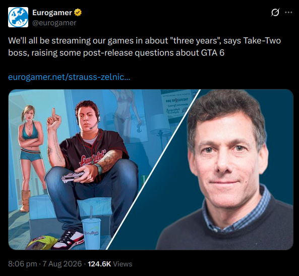 Anvayance's tweet photo. The gaming industry is quietly preparing to completely eliminate actual software ownership.  

Take Two CEO Strauss Zelnick just boldly predicted that commercial cloud streaming will hit massive scale within exactly 3 years.  

He expects this technological shift to multiply the total gaming installed base 10x by turning basic mobile tablets into high end consoles.  

Publishers are using the rapidly increasing cost of physical hardware as the perfect excuse to force a subscription-only future.  

They desperately want to push massive upcoming titles like GTA 6 through a recurring revenue pipeline instead of single unit sales.  

Gamers are rightfully terrified of this massive transition away from local processing power.  

Everyone remembers the absolute catastrophic failure of Google Stadia and the underlying physical limits of internet latency.  

When you rent your games from a distant server farm you completely surrender all digital property rights.  

As Gabe Newell famously noted, "Piracy is almost always a service problem and not a pricing problem."  

If the industry breaks the fundamental trust of ownership they will accidentally trigger a massive wave of black market emulation.
