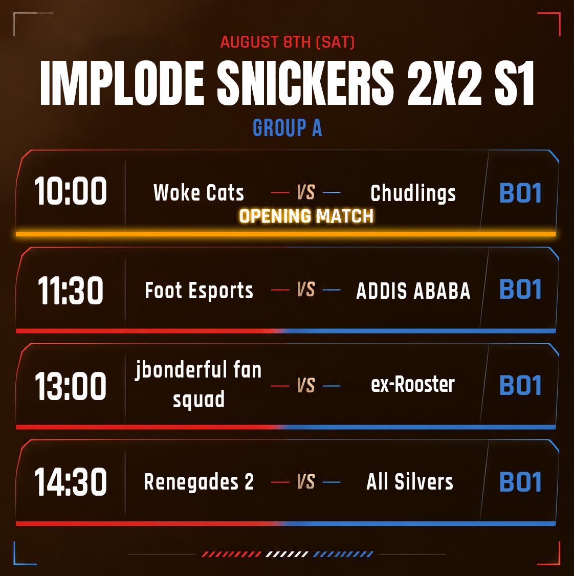 IMPLODETourneys's tweet photo. GAME DAY 1 PART 1 SCHEDULE
ALL TIMES ARE CENTRAL EUROPEAN TIMEZONE

GROUP A

@Ithlin333 & @acclockdfuelon as Woke Cats vs. @flopicel & @twinkjihad as Chudlings 
at 10:00

@hauntinggr0unds & @z3r0_13_ as Foot Esports vs. @delRE__ & @bidcs_ as ADDIS ABABA 
at 11:30

@jboenfan & @DragonPlayZ05 as jbonderful fan squad vs. @jerry6967420 & @diinchcs as ex-Rooster
at 13:00

@jj1unie & @username9001221 as Renegades 2 vs. @ludere_1 & @tylerhawktuah45 as All Silvers
at 14:30
