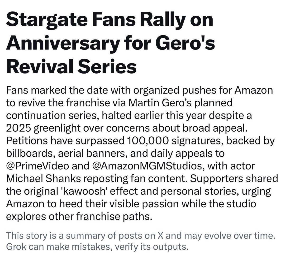 Nina7Infinity's tweet photo. Fans keep #savestargate trending, over and over. It's so awesome to see.❤️

I still can't get over how dumb people running Amazon are rn for doing this to Martin Gero's Stargate. It's ok though. We can keep doing this...@AmazonMGMStudio https://t.co/OjfDkq92dy
