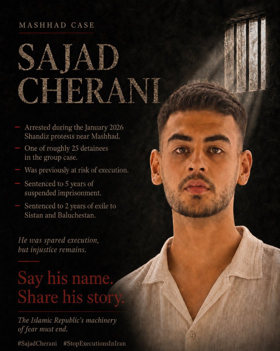 EllaDghn's tweet photo. 🚨 SAJJAD CHERANI ESCAPED EXECUTION. BUT HE IS NOT FREE. 🚨

#SajjadCherani was arrested during the January 2026 protests in Shandiz, near Mashhad, as part of a larger group case involving roughly 25 detainees.

For months, his name appeared among those facing the possibility of a death sentence.

According to recent reports, that danger has now changed: his death sentence was canceled, and he was instead sentenced to 5 years of suspended imprisonment and 2 years of exile to Sistan and Baluchestan.

That matters. His life was spared.

But this is still not justice.

A government does not become humane simply because it replaces execution with prison, exile, intimidation, and punishment for dissent.

The Islamic Republic created this terror in the first place. It arrests young people, threatens them with death, destroys families with uncertainty, and then expects the world to call a lesser punishment “mercy.”

Say his name. Share his story. Keep demanding freedom for political detainees and an end to the system that created these sentences.

The machinery of repression will not end until the Islamic Republic ends.

@UNHumanRights @amnesty @UNWatch @volker_turk
#SajjadCherani #StopExecutionsInIran #EndTheIslamicRepublic #KingRezaPahlaviForIran