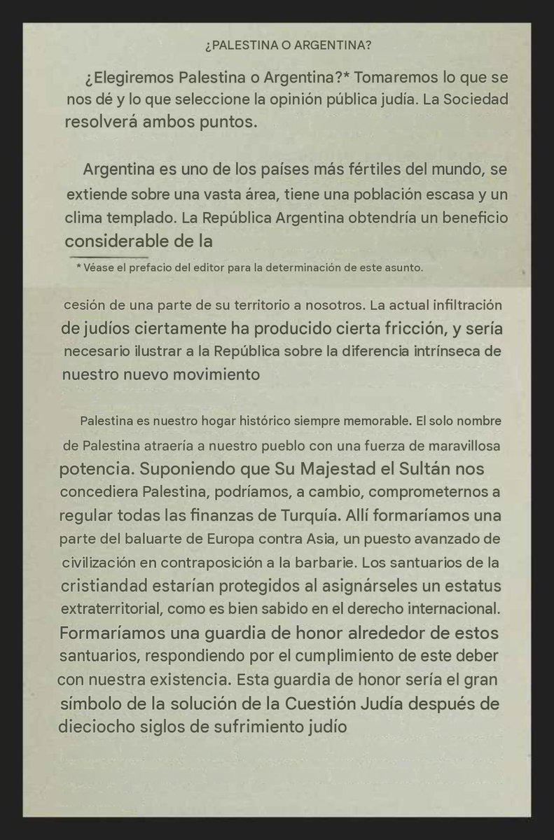 DaniMayakovski's tweet photo. "A favor de la colonización de Argentina es que es uno de los países más fértiles del mundo, se extiende sobre una vasta área, tiene una población escasa y un clima templado".

Theodor Herzl, en el mismo texto donde repite la teoría colonial de "la civilización contra la barbarie" que tanto repitieron los imperios cuando colonizaron África, ya discutía también la colonización de Argentina en sus escritos.

Pocos saben que en 1889, los colonos sionistas empezaron con esta propuesta de Herzl, aunque más tarde finalmente sería Palestina la damnificada, a final del siglo XIX, los colonos arribaron al puerto de Buenos Aires en un barco llamado "Wesser" y llegaron incluso a establecer una colonia llamada Moisés Ville.