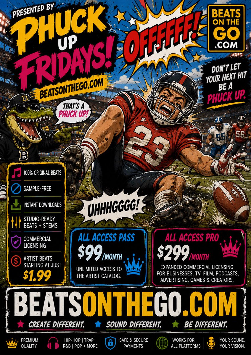 Beatsonthego's tweet photo. OOOOFFFFF! 🏈💥😂

PHUCK UP FRIDAYS.

Don’t let your next beat be the real PHUCK UP.

🎵 Original
🚫 Sample-Free
⚡ Instant Download
🔥 Beats from $1.99

https://t.co/J5FQgqIIIC

#PhuckUpFridays #BeatsOnTheGo #OriginalBeats https://t.co/2HXv4JJqt4
