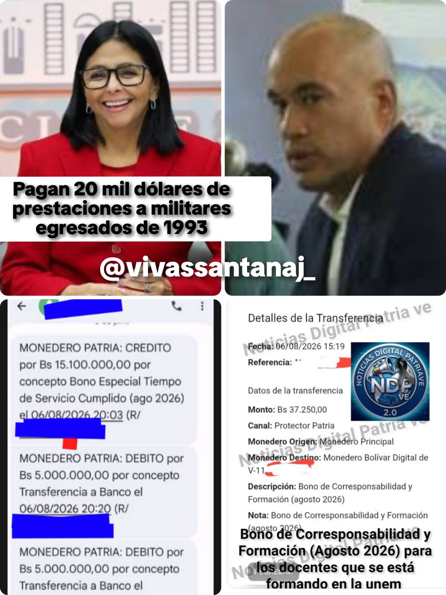 vivassantanaj_'s tweet photo. ¡Nunca Mentimos! El régimen sigue pagando bonos de "corresponsabilidad" a los militares retirados que son prestaciones sociales disfrazadas. En este caso, este 6-8-2026 pagaron montos entre 15.100.100 Bs (oficiales, básicamente, coroneles y generales) y 5.000.000 a los oficiales técnicos de la promoción de 1993, que pasaron a retiro con 33 años de servicio este agosto de 2026. También otorgaron a los egresados de la mal llamada Universidad Experimental del Magisterio (UNEM) un bono de 50$ a esos docentes, mientras el resto del personal docente y universitario apenas si recibió unos 5$. Las órdenes fueron dadas por Delcy Rodríguez a los militares y Héctor Rodríguez al MPPE