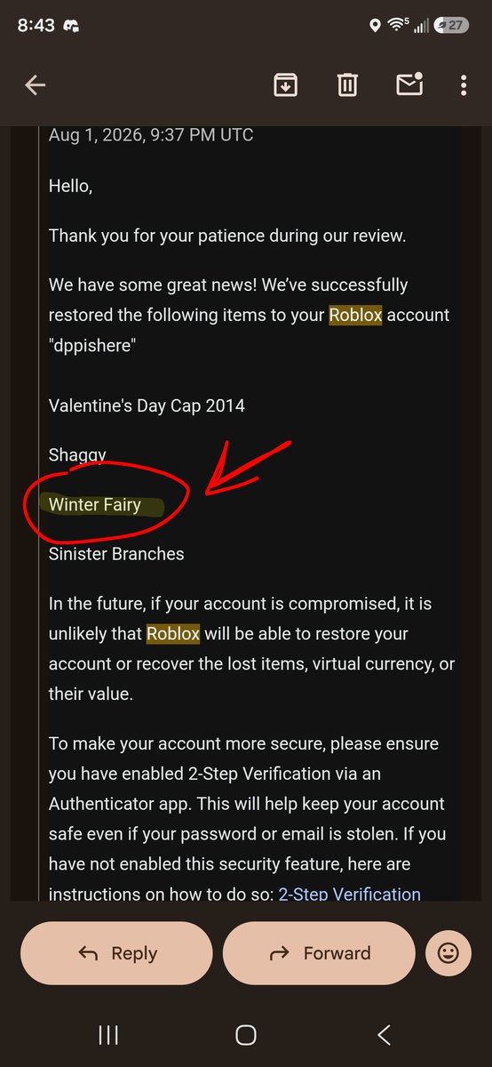 DPPhere's tweet photo. This is unprofessional @Roblox how can you tell me for a week that you were gonna restore my item that was unauthorized traded then go back and say you wont, Ive given you the items ID, the trade history, where it currently was, and instead of reinstating it- https://t.co/us9xHlDkf8