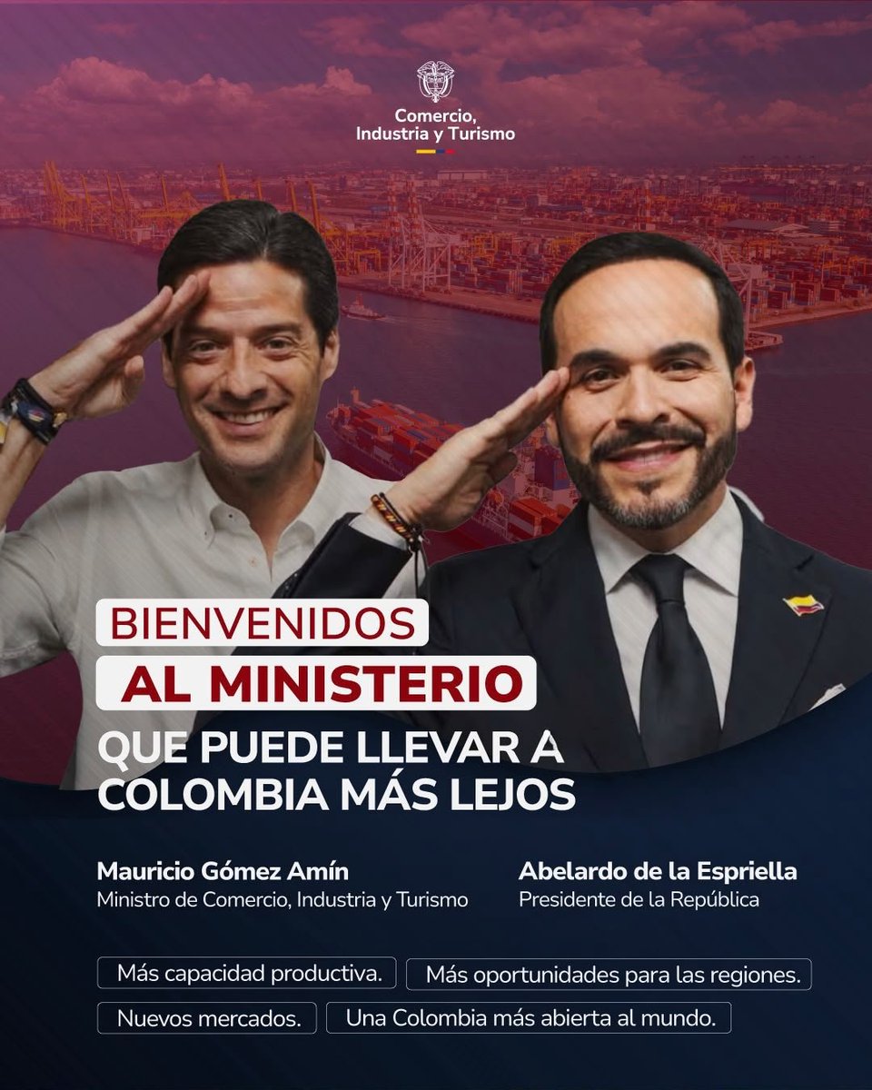 MincomercioCo's tweet photo. Desde el Ministerio de Comercio, Industria y Turismo, damos la bienvenida al presidente de la República, @ABDELAESPRIELLA, y a nuestro ministro, @MauricioGomezCO, así como a su equipo de trabajo.

Los recibe un equipo listo para sumar capacidades y seguir trabajando por quienes producen, emprenden, crean y transforman sus territorios.

Porque detrás de cada empresa, cada destino y cada oportunidad hay colombianos que creen en su región y hacen grande al país.

¡Bienvenidos!