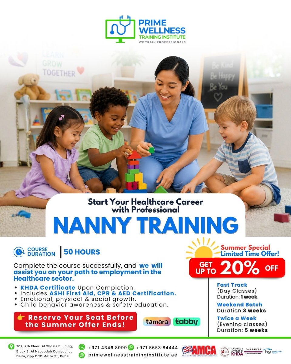 PrimeWellnessTI's tweet photo. Nanny Training Course — Summer Special

Looking to build a career in childcare and healthcare? Start with professional Nanny Training and gain practical skills to care for children with confidence.

WhatsApp: +971 56 538 4444
Call: +971 4 346 8999 https://t.co/j2wa5tAHNX
