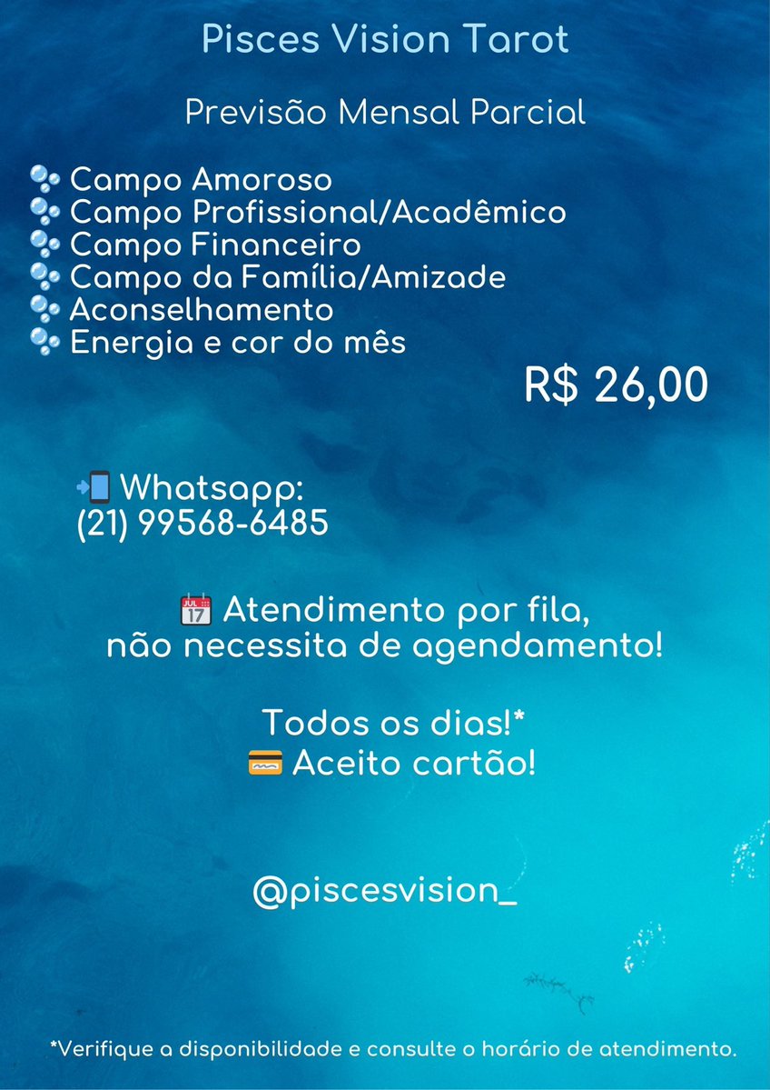 piscesvision_'s tweet photo. Para consulta particular com a sua energia, me chame pelo whatsapp: https://t.co/V3XHJEE6YX.
Os valores estão no meu fixado! Consulte a disponibilidade de horário e dias de atendimento. https://t.co/ndGyWaB6Da