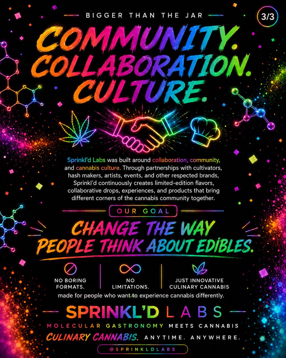 sprinkldlabs's tweet photo. Sprinkl’d Labs is where molecular gastronomy meets cannabis.

Built around the idea that cannabis should fit into your lifestyle, not dictate it, Sprinkl’d Labs is redefining the way people experience edibles through Pocket Sand, our innovative solventless hash rosin-infused culinary powder.

Using advanced culinary gastronomy techniques, premium solventless hash rosin, all-natural flavoring, and real freeze-dried ingredients, Sprinkl’d transforms cannabis into a versatile, flavorful powder designed to be enjoyed anytime, anywhere. Sprinkle it onto food, incorporate it into your favorite creations, or enjoy it your own way.

Instead of limiting consumers to traditional gummies, chocolates, and baked goods, Sprinkl’d gives people the freedom to turn the foods they already love into their cannabis experience. From vibrant fruit-forward flavors to dessert, ice cream, savory, sour, and experimental culinary creations, every release is designed to push the boundaries of what an edible can be.

At its core, Sprinkl’d Labs combines food science, cannabis culture, flavor innovation, and creativity. Every product begins with a commitment to quality ingredients and solventless hash rosin, then uses culinary techniques to create something approachable, portable, and completely different from conventional cannabis products.

But Sprinkl’d is bigger than what is inside the jar.