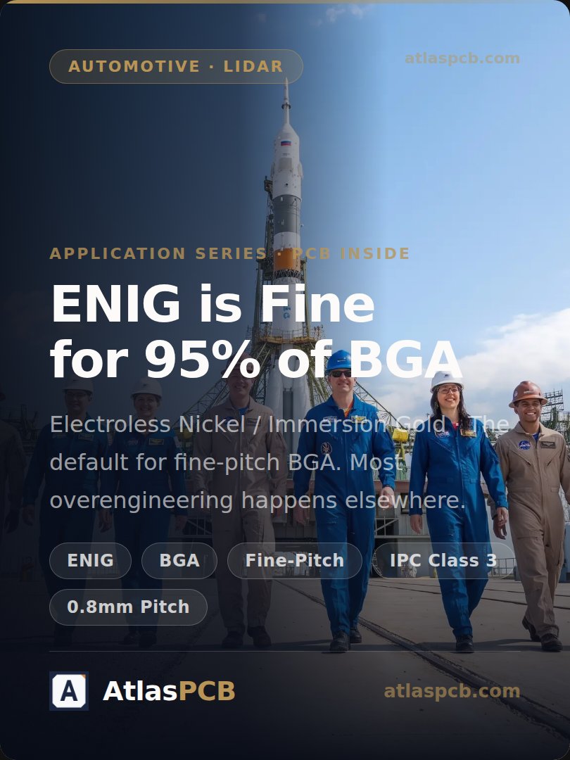 Atlas_PCB's tweet photo. ENIG with 3-6um Ni and 7-9% phosphorus passes 5x reflow for most BGA above 0.4mm pitch.

ENEPIG adds $0.80/sqft — only needed for <0.4mm pitch or wire bonding.

Ask your fab's black pad rate before upgrading.

#PCBDesign https://t.co/uuLm8PfBpn