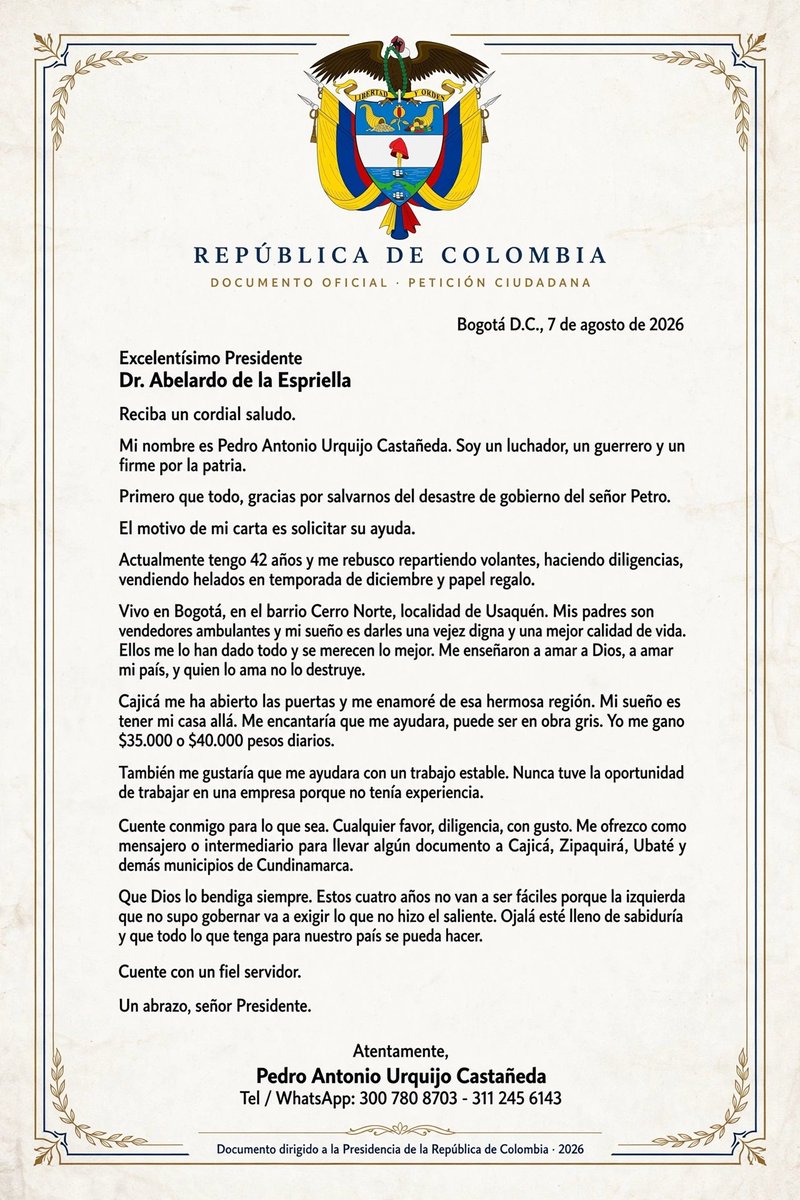 UrquijoPedro's tweet photo. Mi gente hermosa necesito de su ayuda esta es mi carta para el presidente @ABDELAESPRIELLA alguien puede hacercela llegar @eliavirod @jrestrp @RevistaSemana  gracias.

Lean mi carta dale like y comenta como quedo https://t.co/2DFvjcc07k