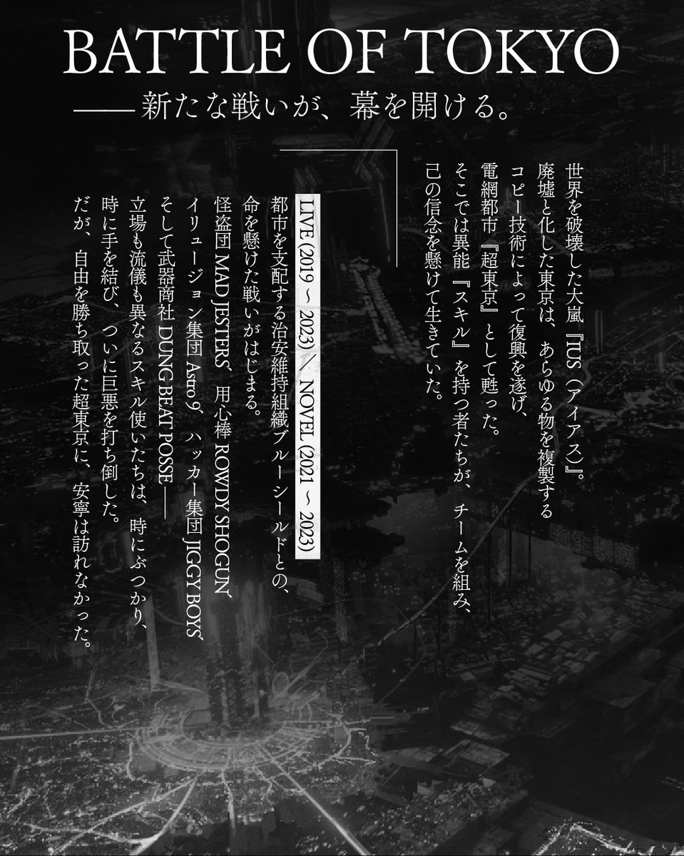 BattleOfTokyo's tweet photo. ┏━━━━━━━━┓
    -INTRODUCTION-
┗━━━━━━━━┛
#BATTLEOFTOKYO_REBIRTH
NEXT STORY...?

◤◢◤Today at 7:00 PM◢◤◢
BATTLE OF TOKYO 新章開幕
拡張した超東京で
新たな物語が始まるー。

#BATTLEOFTOKYO
#DYSTOPIANPARADISE https://t.co/sJojkhnyiK