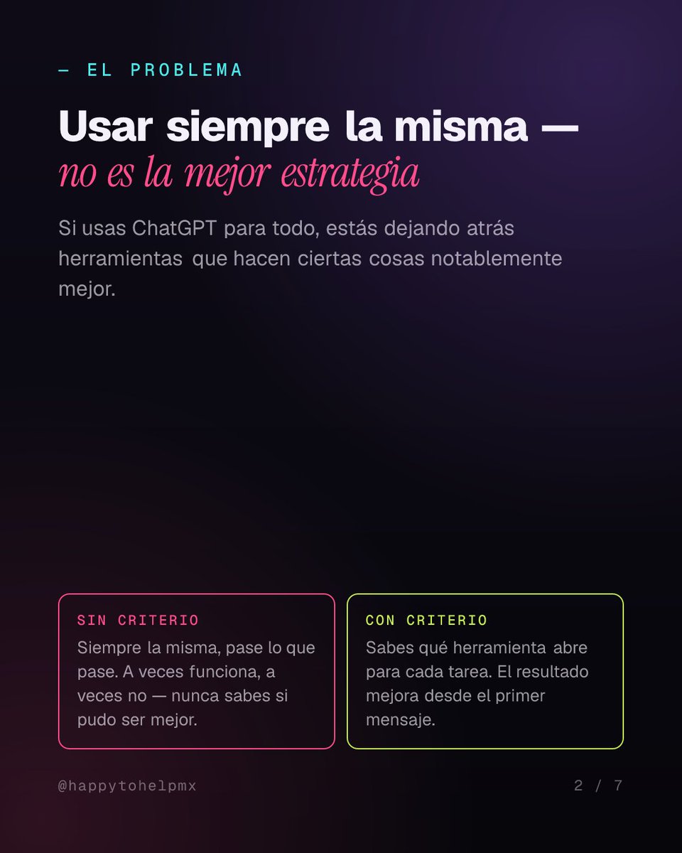 HappyToHelpMx's tweet photo. ChatGPT, Claude y Gemini: plan gratis — usos distintos.

→ ChatGPT: datos recientes, voz, integraciones
→ Claude: escritura formal, menos errores
→ Gemini: ¿estás en Google? Es la tuya

Guía completa en Instagram 👇 #IA #NegociosMX https://t.co/YRSrDJa8kA