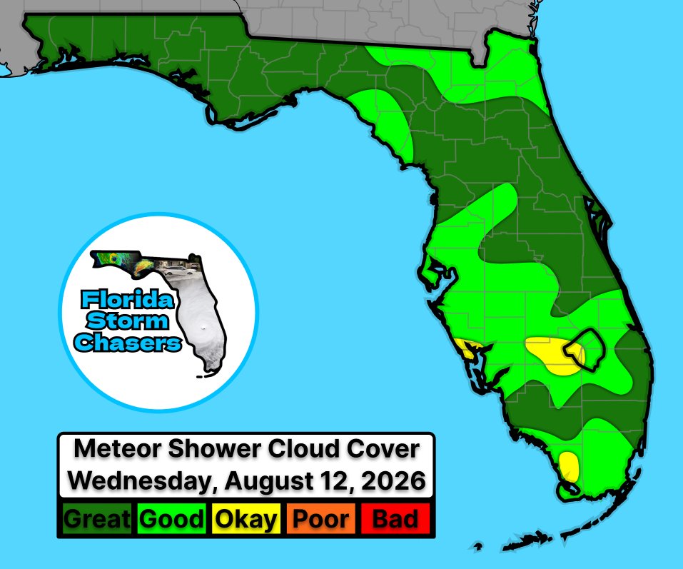 FLStormChasers_'s tweet photo. 🌠100 METEORS PER HOUR?🌠
UPDATE: Cloud cover is looking great for much of the state on Wednesday night, so be sure to take advantage of it to see the Perseids Meteor Shower! Under perfect conditions, you could see up to 100 meteors in an hour! Start making your plans now!

#flwx