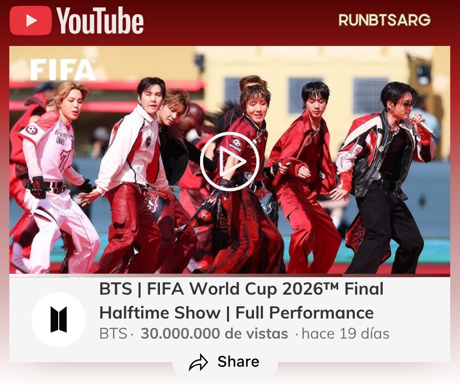 RunBTSArg's tweet photo. 🔴 #ARMYonYoutube 

El MV 'BTS | FIFA World Cup 2026™ Final Halftime Show | Full Performance' superó los 30 millones de reproducciones en Youtube.

▶️https://t.co/iFOdKZ6pnW https://t.co/TdZSyaIF35