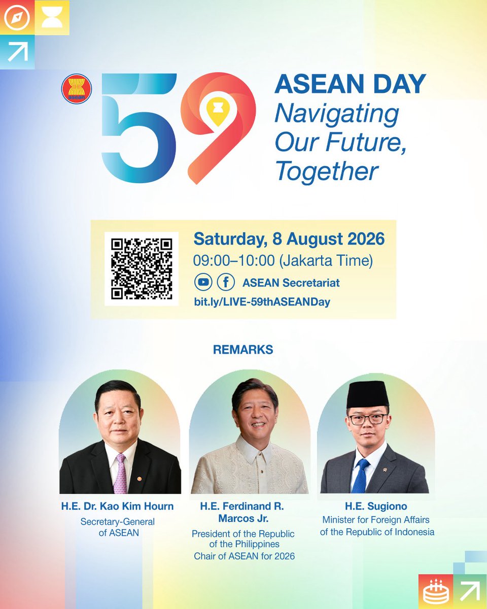 ASEAN's tweet photo. Today, ASEAN marks its 59th Anniversary under the theme “Navigating Our Future, Together.”

The celebration will feature remarks by H.E. Dr. Kao Kim Hourn, Secretary-General of ASEAN; H.E. Ferdinand R. Marcos Jr., President of the Republic of the Philippines and Chair of ASEAN for 2026; and H.E. Sugiono, Minister for Foreign Affairs of the Republic of Indonesia.

Join us as we reflect on ASEAN’s shared journey and look ahead to the future we continue to build together.

🗓️ Saturday, 8 August 2026
🕘 09:00–10:00 (Jakarta Time)
📺 Watch live: https://t.co/vT6ZKe25vL…

#59thASEANDay #ASEAN59 #NavigatingOurFutureTogether