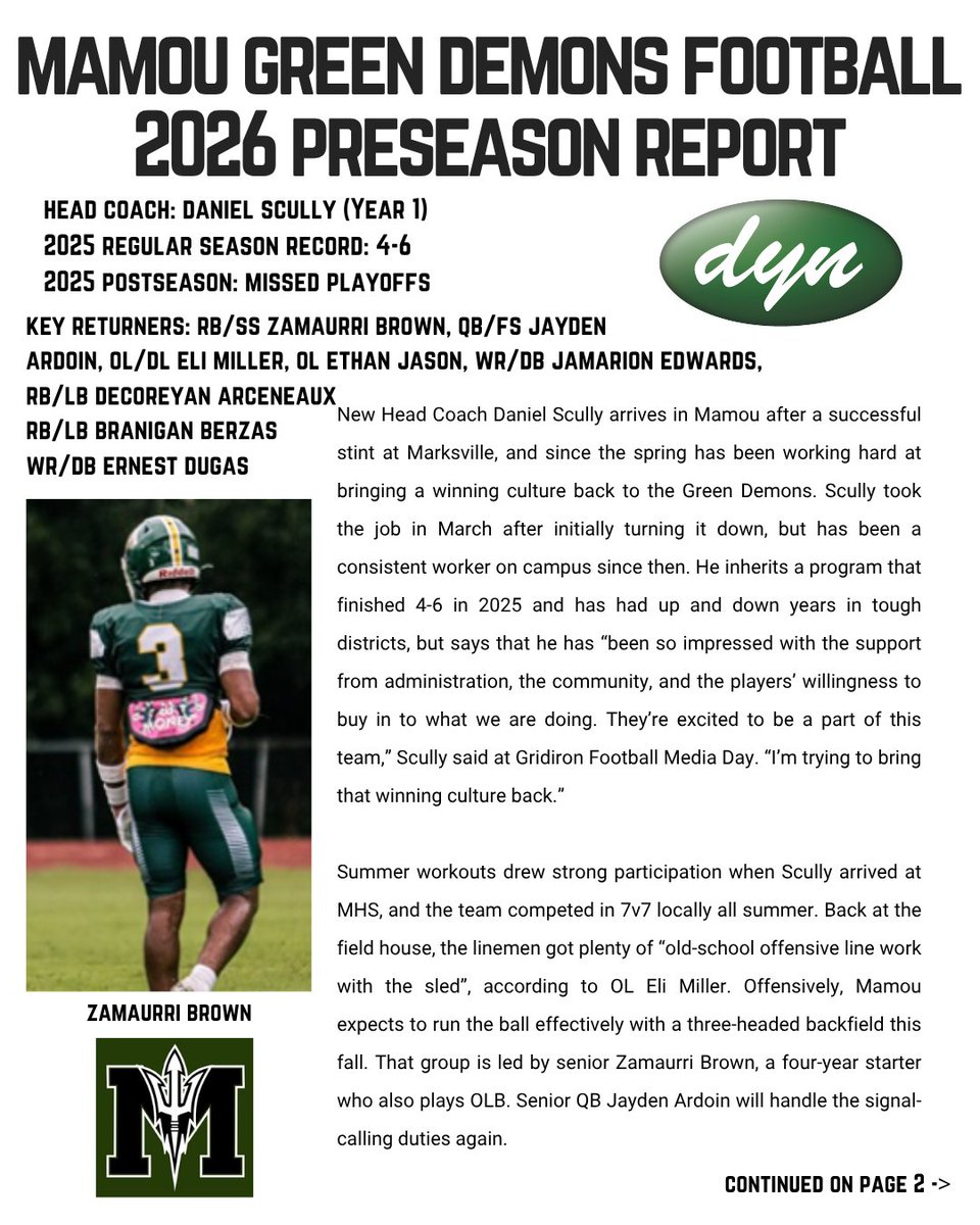 RedRiverRoundup's tweet photo. Mamou Football is ready for a playoff trip with a new staff on campus. Green Demons Preseason Report is below! @446Sports @Mamou_FB @JasonDuhe @ShannonBelt3 @BootBallerz @Talkin_BallLA @NorthshorePrepR @3DeepLAMedia @GridironFootbal @JaceLejeune @recruittheboot @harrisonvapnek https://t.co/zyqTMS7efl