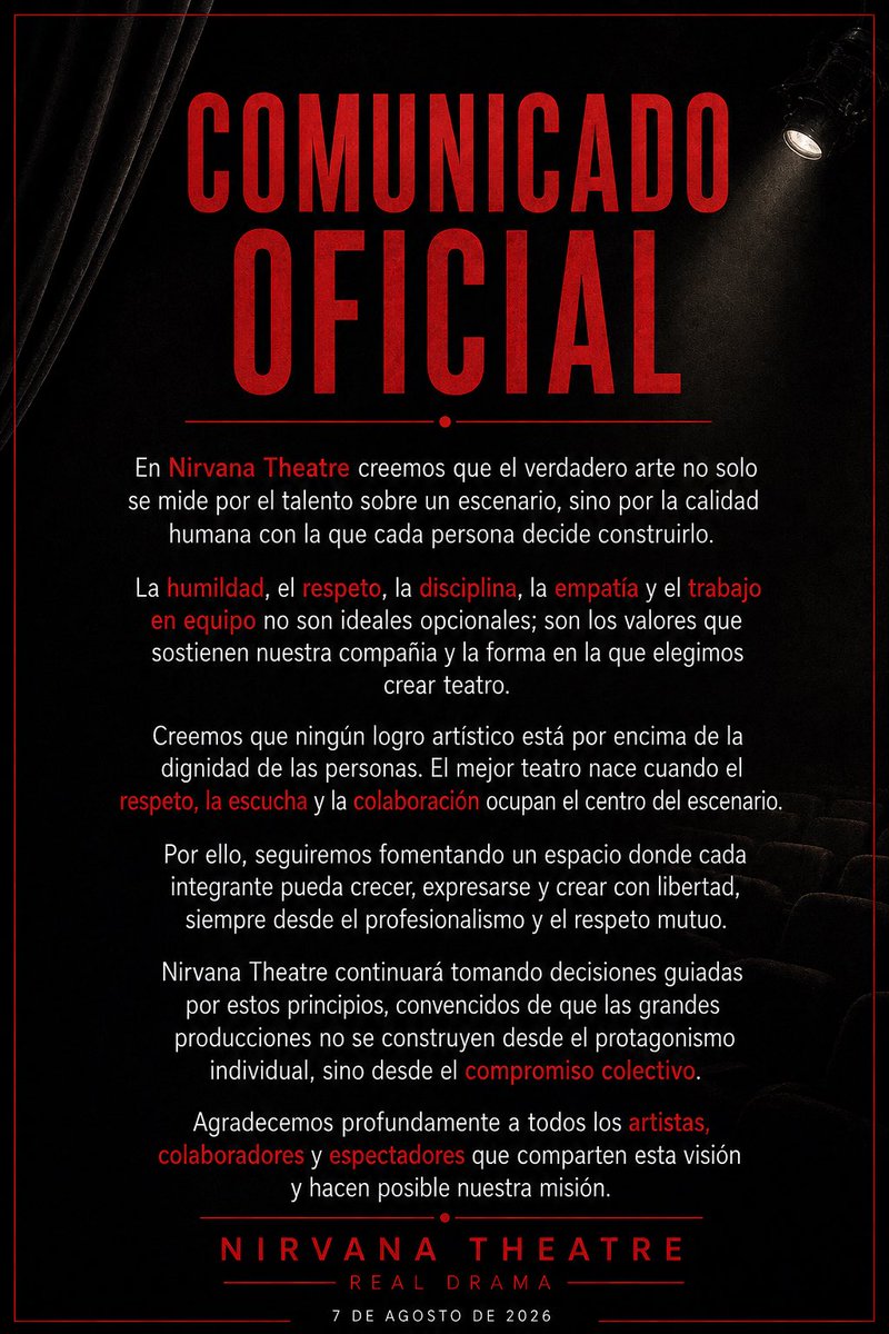 NIRVANATHEATER's tweet photo. El talento importa. Los valores también.

En Nirvana Theatre creemos en un teatro construido desde la humildad, el respeto, la disciplina y la colaboración.

El arte crece cuando crecemos juntos.

NIRVANA THEATRE
REAL DRAMA. #TeatroEnEspañol #MadeInLA https://t.co/EQrUQY3Ae2