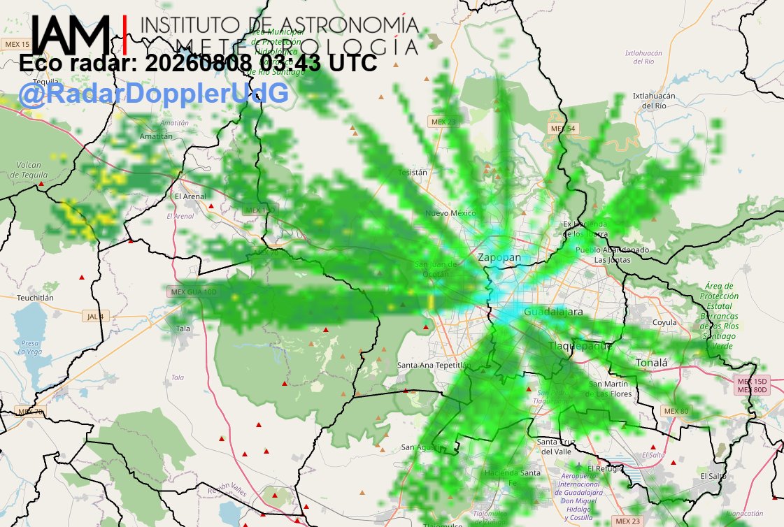 RadarDopplerUdG's tweet photo. Persiste la #lluvia ligera a moderada en #AMG, afectando gran parte de #Zapopan, #Guadalajara, #Tlaquepaque, #Tlajomulco y #Tonalá, desplaza al oeste⬅️ https://t.co/LAZ88H5DF3