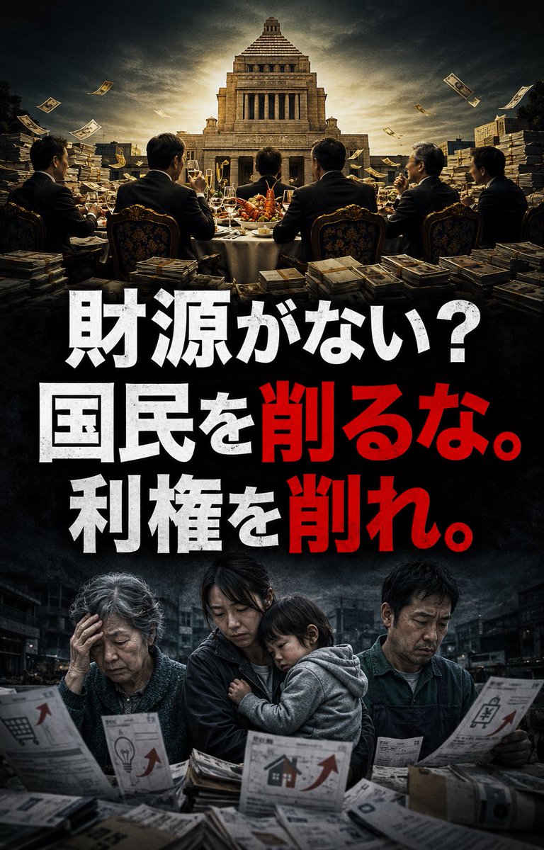 chotokugi's tweet photo. 「財源がない、財源がない」と、
繰り返す国会議員に聞きたい。

あなたたちは、
何のために選ばれたんですか？

国民の暮らしを豊かにするため。
🇯🇵日本を守り、健全な社会をつくるため。

その仕事を任され国民の税金から、
報酬を受け取っている側ですよね？

それなのに、税収は過去最高水準。

国にはこれだけのお金が集まっているのに、

国民の生活は豊かになるどころか、

物価高と重税で疲弊し、
貧困は深刻になっている。

これは「財源がない」のではない。

税金の集め方と使い方、
そして政治の優先順位が、
おかしいのではないですか？

国民には「我慢しろ」「負担しろ」と言いながら、

政治家の利権や天下り、無駄な事業、
特定団体や海外へのバラマキには、
メスを入れない。

まず削るべきは、
国民の生活ではない。

政治家の私利私欲と、
利権まみれの無駄遣いです。

国民は国のために存在しているのではない。

国は、
国民の命と暮らしを守るために存在している。

「財源は？」と国民に聞き返す前に、

集めた税金を何に使い、
なぜ国民が貧しくなったのか？

政治家こそ、国民に説明してください。