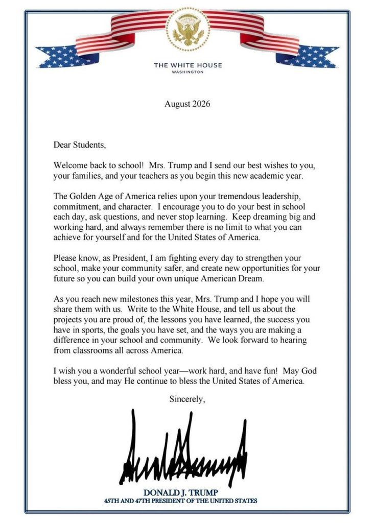 johnkened11's tweet photo. 💥President Trump’s Back to School message to students:  

You are the future of this country.  

Do your best. Work hard. Ask questions. 

Go build your American Dream! 🇺🇸 https://t.co/FluM4hhK5u
