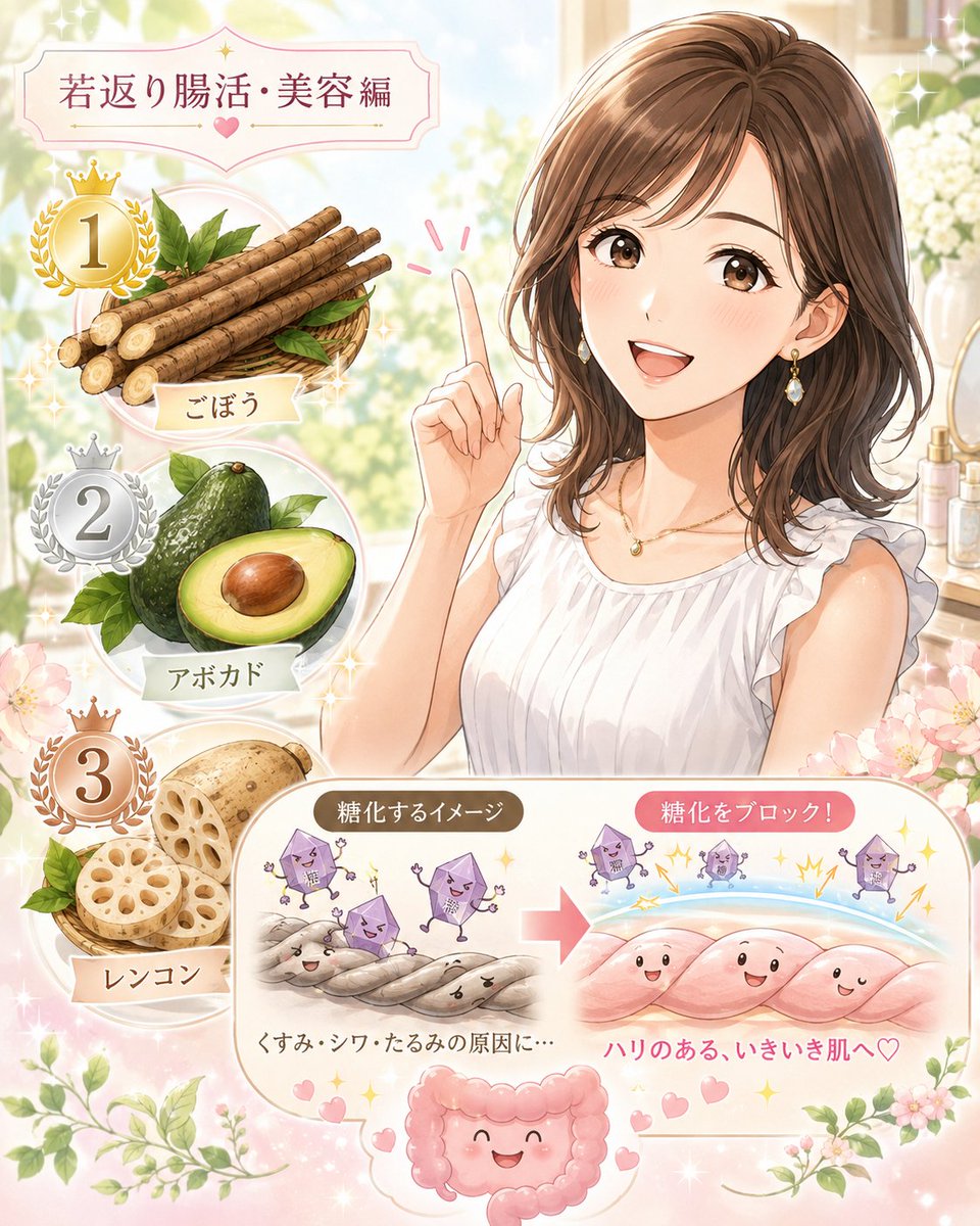 yuuraidaisuki's tweet photo. 【若返り腸活・美容編❣️】

　これも保存必須だぞー❤

しみ・しわ・たるみ。

紫外線だけ気にしてない？☀️

実は私、
美容を調べてて面白いもの見つけた🤣
その名も

🔥「糖化」🔥
👆くすみ・しわ・たるみの原因のひとつ！

糖＋タンパク質
　　↓
AGEs（終末糖化産物）ができる
　　↓
コラーゲンやエラスチンに蓄積
　　↓
肌が硬くなり、弾力低下😱
これが
「しわ・たるみ・黄ぐすみ」など
肌老化に関係すると研究されています。

でな。
ここからが面白い🤣

研究者さん、
なんと187種類もの野菜を集めて
「どれがAGEを作らせにくい？」
って実験してるねん😂

その抗糖化研究の結果に

さらに「腸活」の視点も合わせて

私が選んだ
【美容×腸活 おすすめBEST3】がこちら👇

🥇ごぼう
🥈アボカド
🥉レンコン

抗糖化だけじゃなく、
食物繊維なども一緒に摂れるのがポイント✨

つまり👆

腸を整えながら
体の中では
コラーゲンを“焦げつかせにくくする”。

これ、なかなかええやん🤣❣️

じゃあ、どれくらい食べる？

美容と腸活を考えて
私ならこのくらい取り入れます👇

🥕ごぼう　1日30gくらい
（目安：10〜15cmほど）

🥑アボカド　1日1/2個くらい
🪷レンコン　1日50gくらい
（目安：5mmスライス4〜5枚ほど）

これくらいなら
毎日の食事にも入れやすそうやろ😊

美容って、
外から何を塗るかだけじゃない。

「体の中で老化をどう抑えるか」

ここまで考えると、
50代からの美容って
めちゃくちゃ面白いで～❣️

※同志社大学の研究
（187種類の野菜を用いたin vitro試験）を参考にしています。

＃腸活