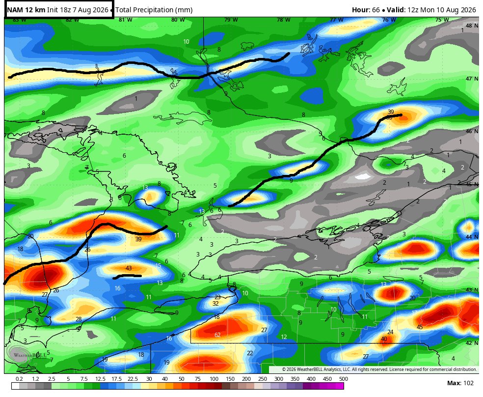 mrwx4caster's tweet photo. latest from various models- a comparison overview of total rainfall (mm) till Mon. 8AM. Since we R "smack dab in the middle" of the summer convective szn some local intense storms can drop way more than advertised in the modelling. Main threat: winds/heavy rains #onwx #onstorms https://t.co/kqlWVNVfZq