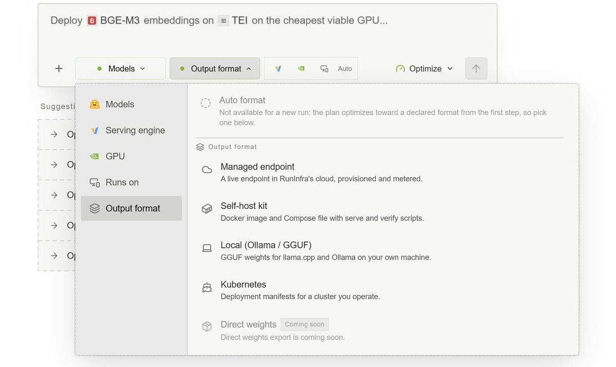 Akashi203's tweet photo. you can now export your optimized models in any format at @runinfrai 

docker kit, GGUF, ollama bundle. OpenAI-compatible API inside, optimized kernels underneath

deploy on your own hardware https://t.co/9JJ43ZrV0k