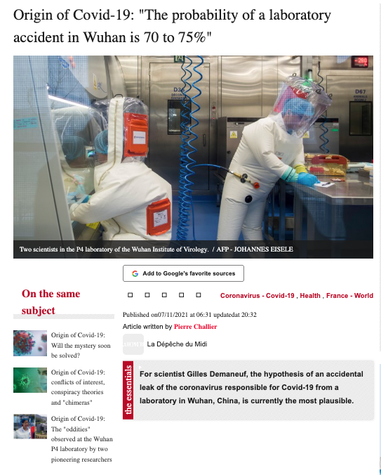 gdemaneuf's tweet photo. 1/4 At the end of 2021, I gave an interview to a French newspaper where I carefully explained how the available data and the clear risk factors pointed to a research accident in Wuhan.
@DrJMarine @HansMahncke @SenRandPaul @SenRonJohnson #DRASTIC @ladepechedumidi https://t.co/nxL4jNZzQ2