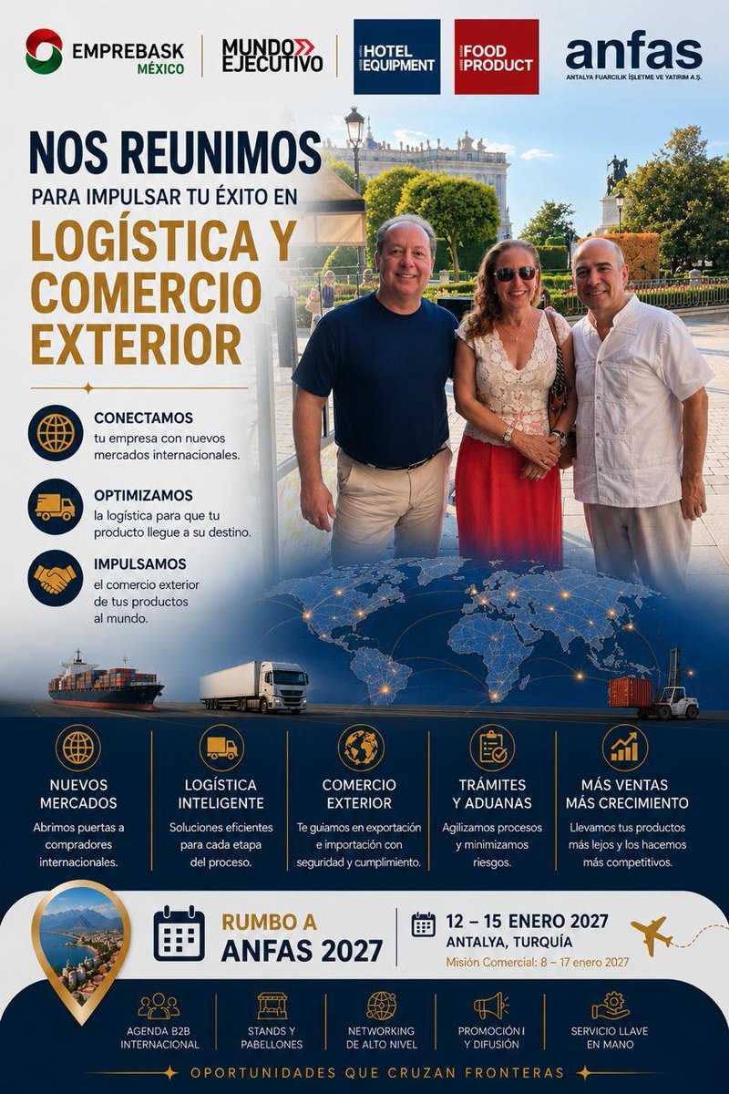 Emprebaskmexico's tweet photo. ¡Las oportunidades que cruzan fronteras comienzan aquí!

Desde EmpreBask México conectamos empresas con nuevos mercados, optimizamos su logística e impulsamos el comercio exterior. 

🇹🇷 Rumbo a ANFAS 2027, Antalya, Turquía.
🗓️ 12–15 de enero de 2027

#EmpreBask #ANFAS2027 https://t.co/gNP9Bgiazs