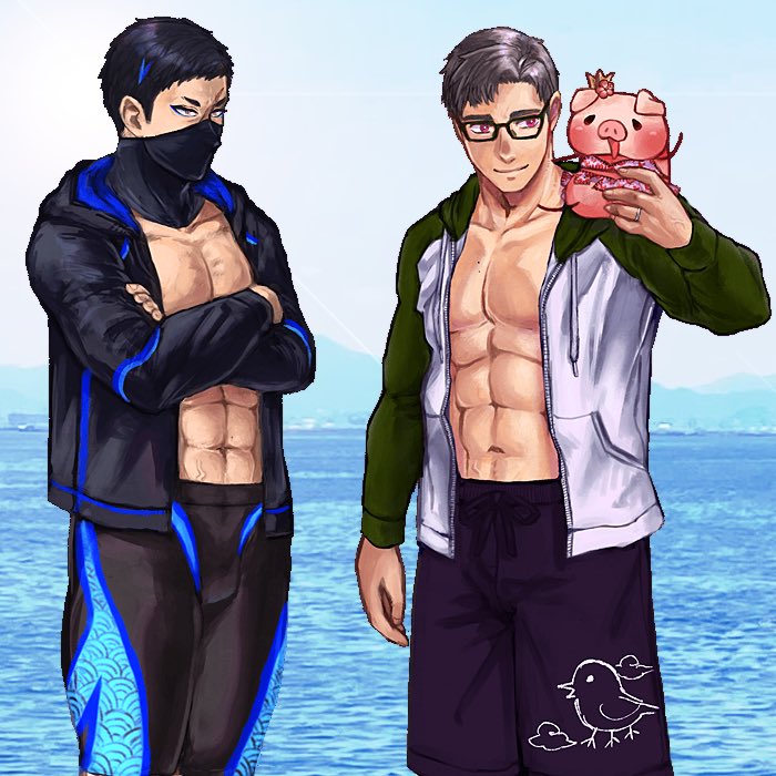 ao4_so's tweet photo. 水着過去絵でお茶を濁すか
ベルナルドちゃん
ぺーちゃん
オリキャラ（ニンジャさんとトッキー）
をグッズ化したもの https://t.co/wc4EX2TWUE