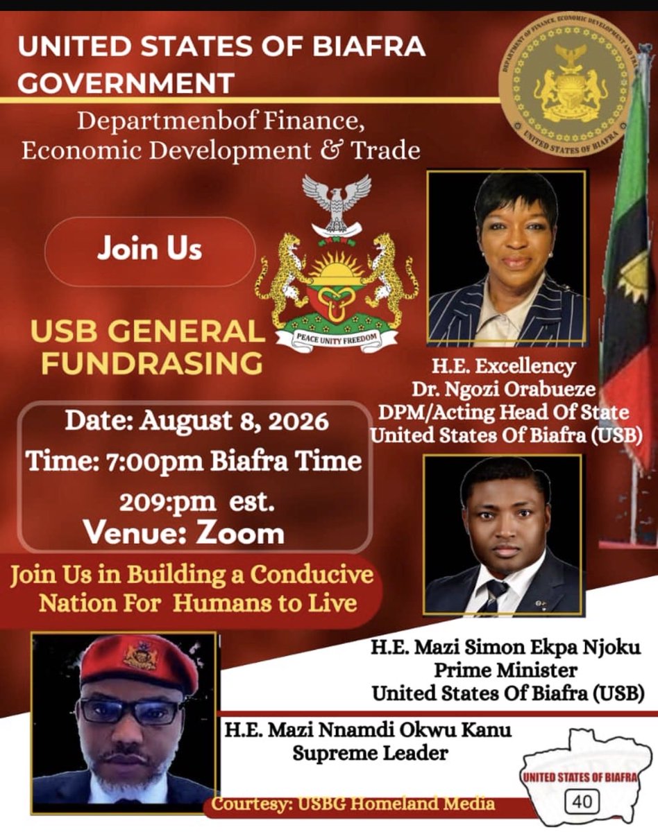 ngoziora's tweet photo. USB General Fundraising; please join us to release thousands of Biafra Christians jailed by the Nigeria terrorist state 

Date: Saturday August 8, 2026

Time: 7:00 PM Biafra time, 2:00 PM est.

Join Zoom Meeting

https://t.co/WYMZkvif66

Meeting chat link
https://t.co/xBPY1oLbnJ

Meeting ID: 816 1773 3026
Passcode: 786728

---

One tap mobile
 16469313860,,81617733026#,,,,*786728# US
 19294362866,,81617733026#,,,,*786728# US (New York)

---

Join by SIP
• 81617733026@zoomcrc.com

Join instructions
https://t.co/00pFXuCbbs