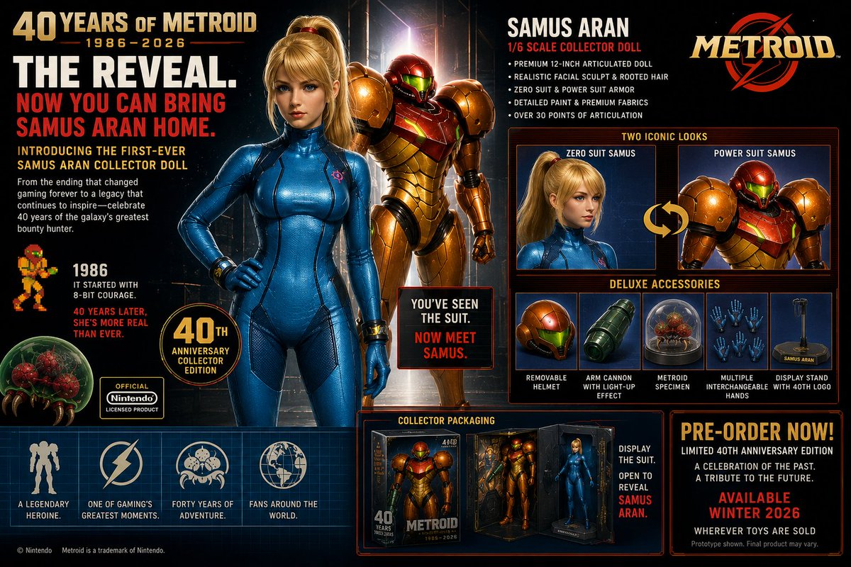 MarketMaverick3's tweet photo. 40 years of Metroid deserves something special: a Samus Aran collector doll. Zero Suit Samus, removable Power Suit armor, arm cannon, Metroid specimen & display stand. Not a real product—but Nintendo, come on. This would be COOL. 🧡🚀 #Metroid40 https://t.co/lcm7bkv8mF