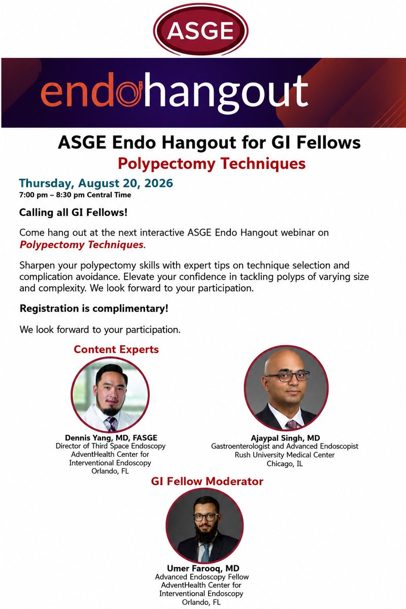 umer446's tweet photo. 📢#GITwitter Registration is open for @ASGEendoscopy Endo Hangout Session on "Polypectomy Techniques" 

Excited to moderate the session and to learn from our 🌟content experts @DennisYangMD #AjaypalSinghMD

🗓️8/20/2026
⌚️7 PM CST

#GIFellows Register👇

https://t.co/1MhFemTynQ https://t.co/NpNP3NITYl