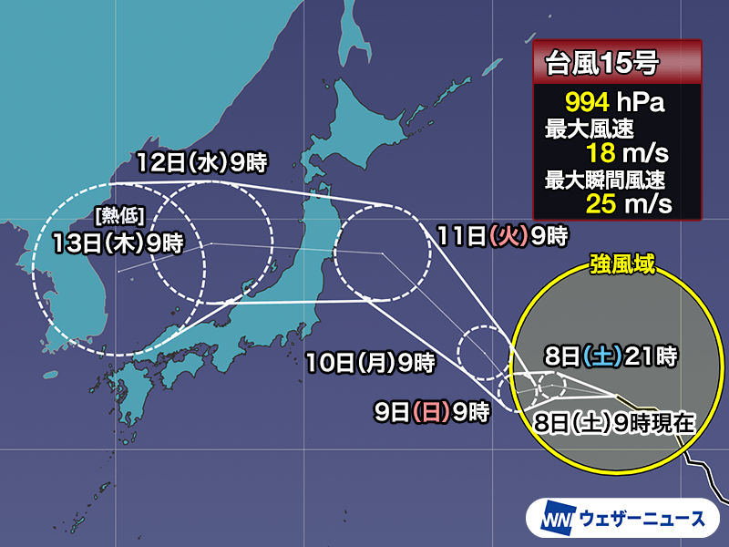 wni_jp's tweet photo. 【台風情報】
8日(土)9時現在、大型の台風15号(チャンホン)は日本のはるか東の海上を西寄りに進んでいます。
進路にはまだ不確実性がありますが、11日(火)〜12日(水)頃に接近・上陸する可能性も。お盆休みの移動に影響するおそれもあるので、今後の情報に注意が必要です。
https://t.co/ndbfsNgOxk https://t.co/ynfaDOhjdK