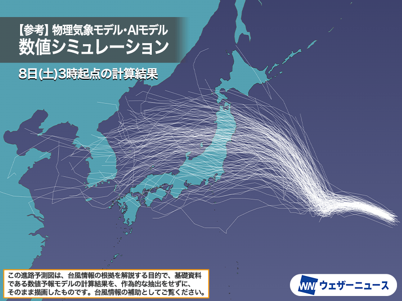 wni_jp's tweet photo. 【台風情報】
8日(土)9時現在、大型の台風15号(チャンホン)は日本のはるか東の海上を西寄りに進んでいます。
進路にはまだ不確実性がありますが、11日(火)〜12日(水)頃に接近・上陸する可能性も。お盆休みの移動に影響するおそれもあるので、今後の情報に注意が必要です。
https://t.co/ndbfsNgOxk https://t.co/ynfaDOhjdK