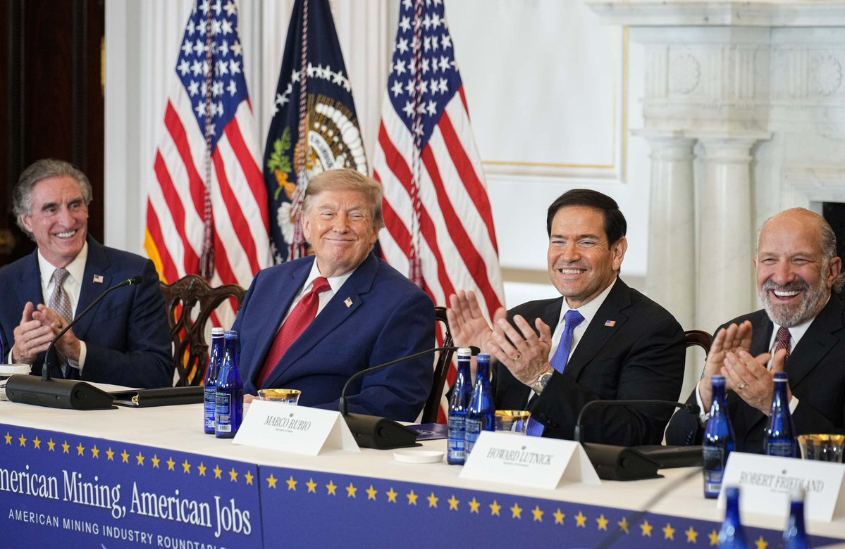 SecRubio's tweet photo. Today’s Roundtable on American Mining represents the Trump Administration’s whole-of-nation effort. Mining is our industrial strength and intertwined with our national sovereignty. We will never depend on other countries for the things we need to prosper and defend our nation.

@StateDept is utilizing our unmatched global presence with allies around the world to ensure supply chains that are diversified and reliable, and no country can threaten us in the future.