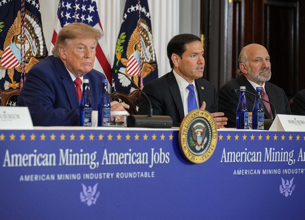 SecRubio's tweet photo. Today’s Roundtable on American Mining represents the Trump Administration’s whole-of-nation effort. Mining is our industrial strength and intertwined with our national sovereignty. We will never depend on other countries for the things we need to prosper and defend our nation.

@StateDept is utilizing our unmatched global presence with allies around the world to ensure supply chains that are diversified and reliable, and no country can threaten us in the future.