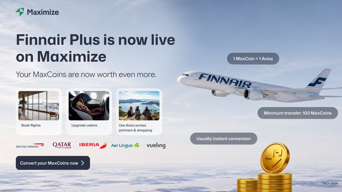 MaximizeGlobal's tweet photo. 🚨 FINNAIR IS NOW LIVE ON MAXIMIZE 🚨

Transfer instantly at:
1 MaxCoin = 1 Finnair Avios

✅ Direct 1:1 access to Avios
✅ Unlock Finnair + the wider Avios ecosystem
✅ Added flexibility for family redemptions

From everyday spends to powerful global flight rewards. ✈️

Thread 🧵👇