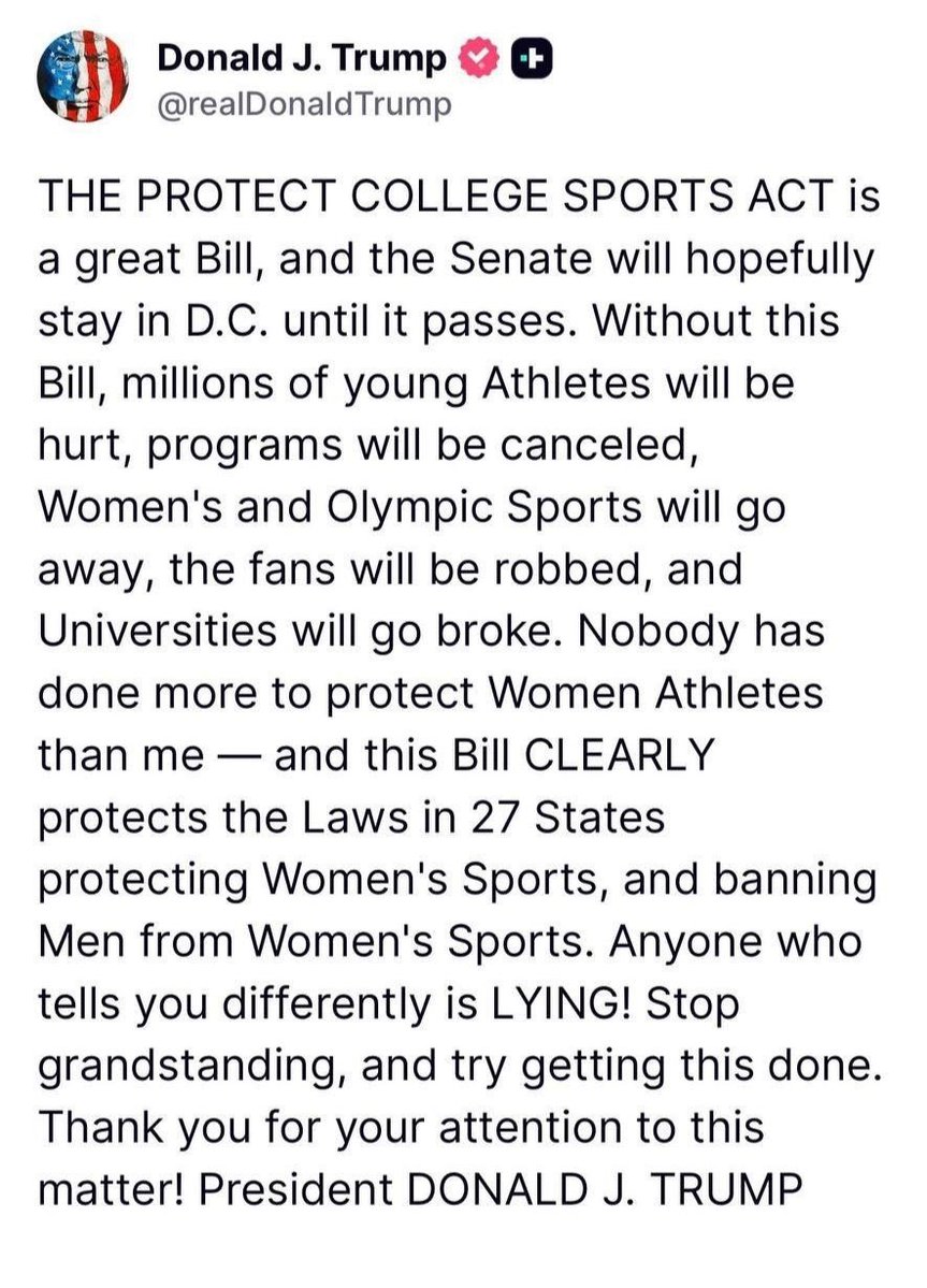 Rachelspeakout1's tweet photo. PRESIDENT TRUMP PUSHES SENATE TO PASS PROTECT COLLEGE SPORTS ACT

President Trump is urging the Senate to remain in Washington until the Protect College Sports Act is passed, warning that failure to act could have serious consequences for college athletics. https://t.co/KBtizgdMw4