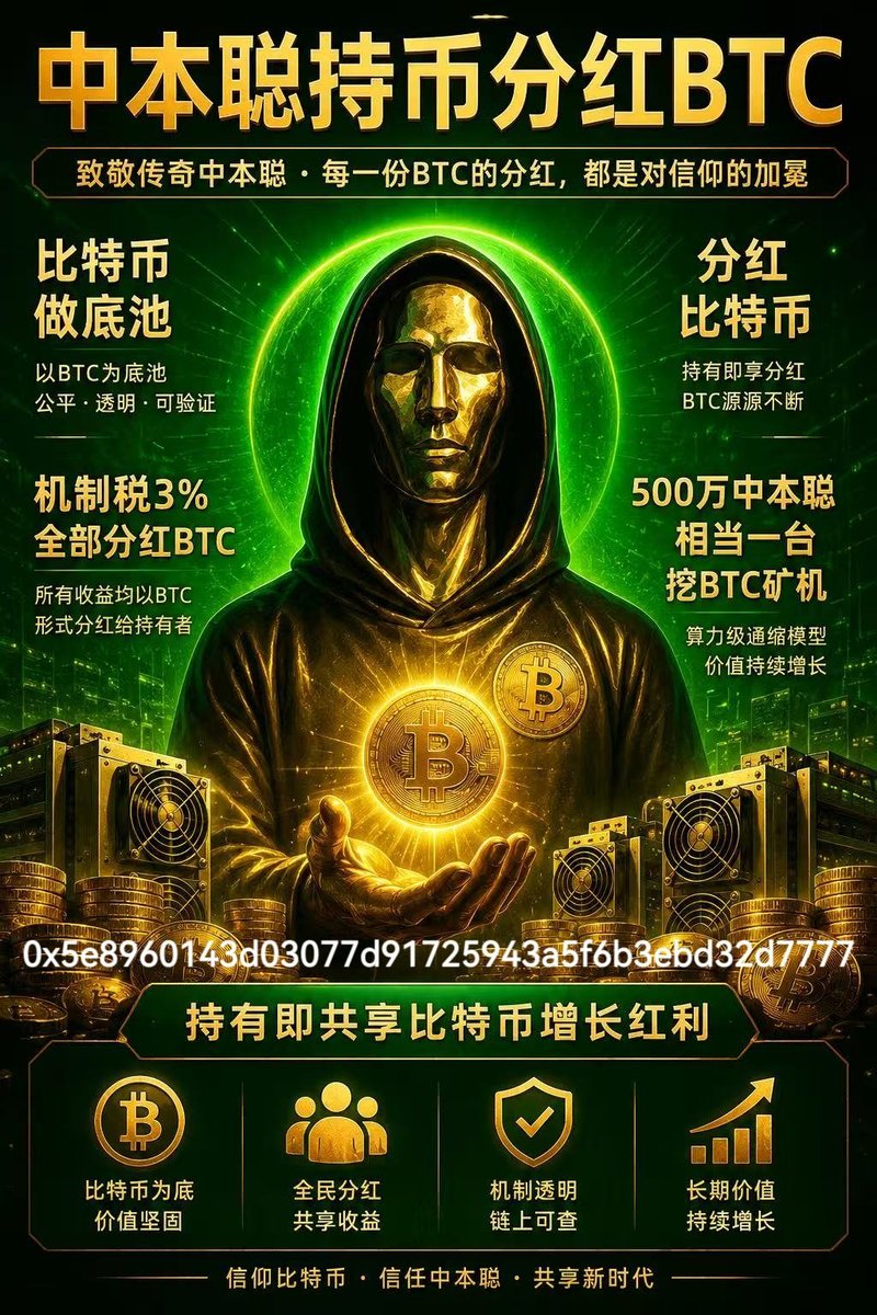 aigcking's tweet photo. 🔥中本聪📷持币分红BTC  比特币做底池  分红比特币   机制税3全部分红BTC  500万中本聪相当一台挖BTC矿机  致敬传奇，#中本聪  每一份BTC的分红，都是对信仰的加冕。 https://t.co/7Cfwzvlf4b