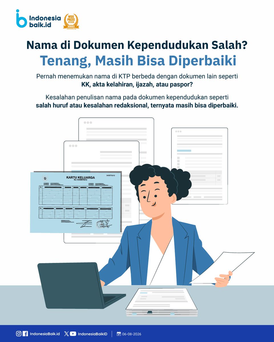 IndonesiaBaikId's tweet photo. Pernah menemukan #Nama di #KK, #KTP atau #Dokumen #Kependudukan lain berbeda, SohIB?
Nah, kabar baiknya kesalahan penulisan seperti salah huruf/redaksional dapat diperbaiki, lho!
Yuk, simak informasinya!
#IndonesiaBaik #YangMudaSukaData #EdukasiInformasi #Infografik #Nama https://t.co/oNXRvpETVW
