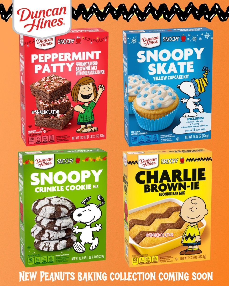 snackolator's tweet photo. I'm gonna need that Charlie Brown-ie! Duncan Hines is about to drop a new Peanuts baking collection and it looks absolutely adorable!

This new lineup was announced at the beginning of the year and includes Charlie Brown-ies that feature a brookie mix where you can create the iconic zig-zags with brownies.

Then we've got two Snoopy holiday themed drops - Crinkle Cookies and Snoopy Skate cupcakes.

And Peppermint Patty mint brownies are holiday themed as well.

What do you think of these? I will update as they hit stores - they've shown up in one retail database so it shouldn't be *too* far away!

#duncanhines #newfood #desserts #peanuts #snoopy