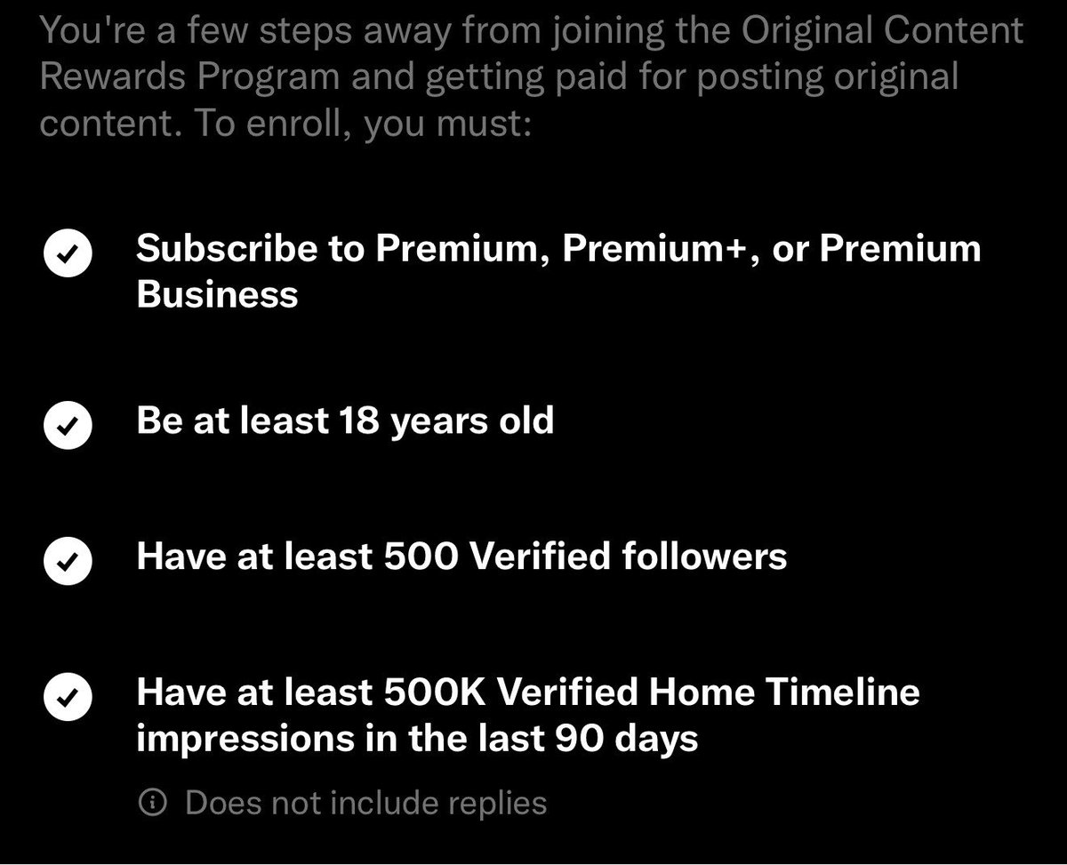 CryptoLakhan's tweet photo. 🚨 X is launching a new creator rewards program 💰

X is replacing Revenue Sharing with a new system focused on ORIGINAL CONTENT.

Here’s how you can earn 👇

✅ Eligibility:
• X Premium / Premium+ / Premium Business
• 500+ verified followers
• 500K+ qualified impressions in 90 days
• Regular original content
• Account in good standing

💰 HOW YOU EARN:
You earn based on qualified impressions from your original posts.

Qualified impressions = unique views from X Premium users on the Home Timeline, with 50%+ of your post visible.

❌ No rewards for:
Copied content • Bots • Fake engagement • Misleading content • Engagement bait

📅 PAYMENTS:
• First payout: Aug 28, 2026
• Paid every 2 weeks
• Existing Revenue Sharing members can apply from Sept 8

⚠️ Revenue Sharing ends Sept 7, 2026.

Original content → Qualified impressions → 💰 Earnings

This could be a BIG change for X creators.