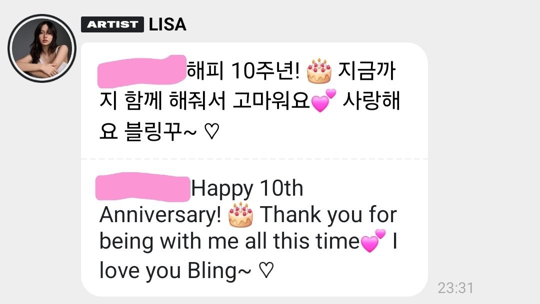 BLACKPINKCNTRAL's tweet photo. #LISA via 🫧: 

“Happy 10th anniversary! 🎂 Thank you for being with me all this time 💕 I love you, BLINK’s”

DECADE WITH BLACKPINK
#BLACKPINK10thAnniversary #BLACKPINK_FOURever
#10YearsWithBLACKPINK 
#10주년_블랙핑크_포에버 https://t.co/22QCmzJvEb