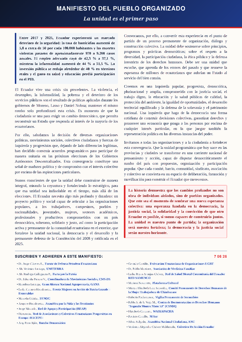 de_petrolero's tweet photo. ¡El Ecuador no puede esperar más!
Vivimos una crisis de inseguridad, desempleo y abandono estatal que nos exige actuar. Frente al dolor de la patria, la unidad es nuestro primer paso y la organización, nuestra fortaleza.
🇪🇨Manifiesto de diversas organizaciones sociales del país y de la comunidad migrante:
❌Que saluda la unidad de la izquierda para enfrentar la próxima coyuntura electoral, y
❌Convoca a la ciudadanía a mantenerse firme en la construcción de la unidad, que nos permita derrotar en las urnas y en la resistencia ciudadana, cualquier opción antidemocrática
#UnidadAhora #PuebloOrganizado
@RC5Oficial @PSEcuatoriano @UnidadPopularE|