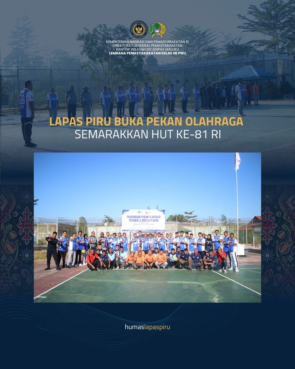 Humaslapaspiru's tweet photo. Lapas Piru Buka Pekan Olahraga Semarakkan HUT ke-81 RI

Baca selengkapnya di :
https://t.co/BJbh6AO5Al

#lapaspiru #kemenimipas #ditjenpas #kanwilditjenpasmaluku https://t.co/GwXmdlSXg0