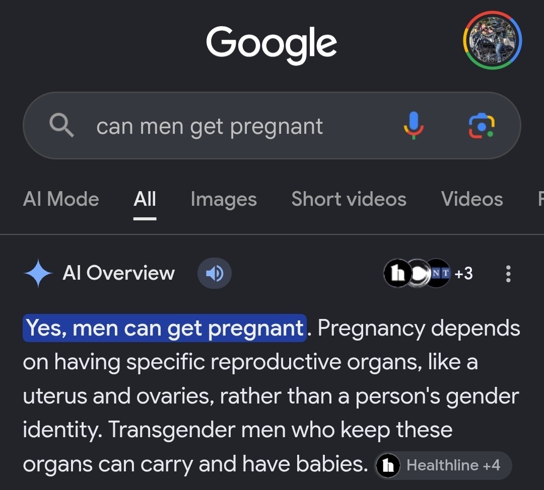 nick_matau's tweet photo. "Can men get pregnant?"

Out of curiosity, I ask Google, ChatGPT, &amp; Grok the same question from the video:

Google: Yes 😒

ChatGPT: It depends 😒

@grok: No. 😏

Grok wins. https://t.co/mWxZ9dpeNB
